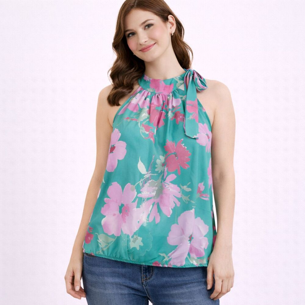 Sweet Pea Floral Sleeveless Tie Neck Top Green S